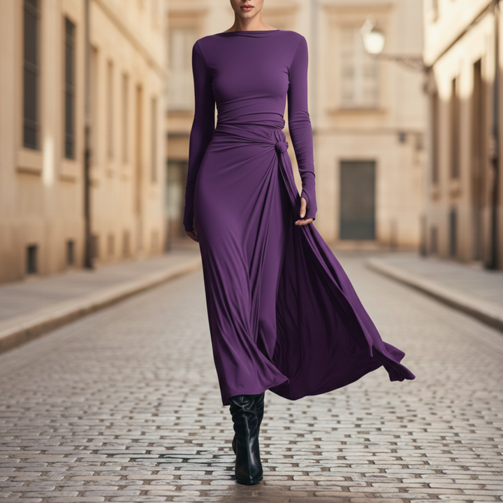 Vestido Maxi Lazo Lateral de Manga Larga hasta el Suelo para Mujeres