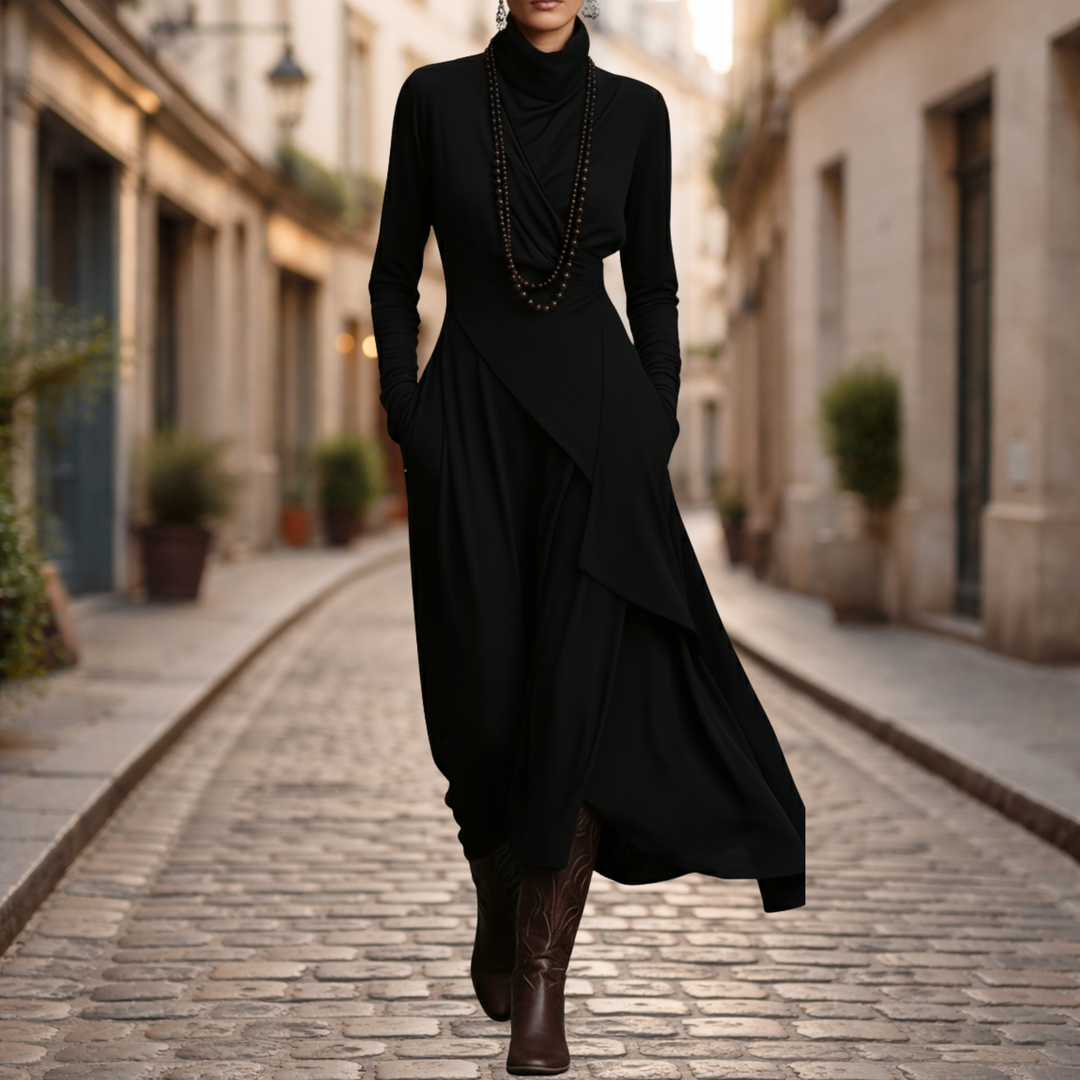 Robe longue asymétrique plissée col montant femme