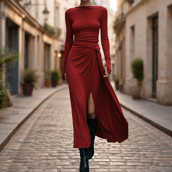 Vestido Maxi con Nudo Lateral de Manga Larga para Mujeres