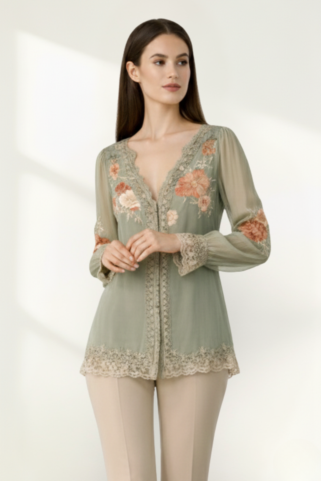 Blusa de Encaje de Gasa Floral de Manga Larga para Mujeres