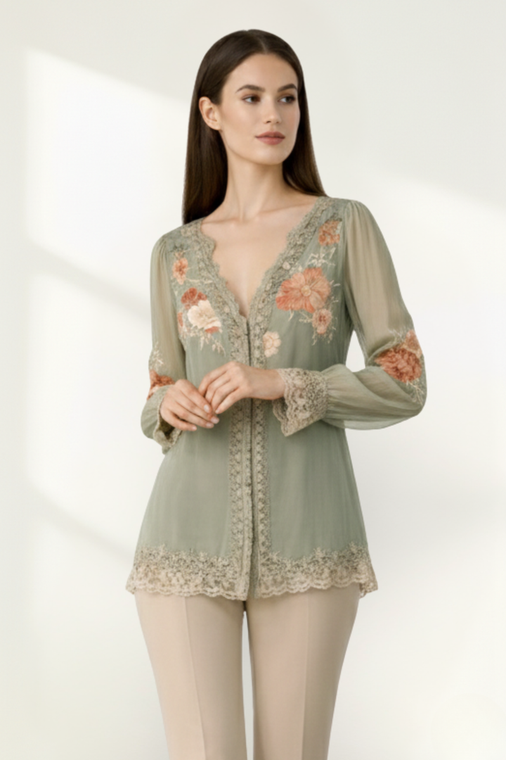 Blusa de Encaje de Gasa Floral de Manga Larga para Mujeres