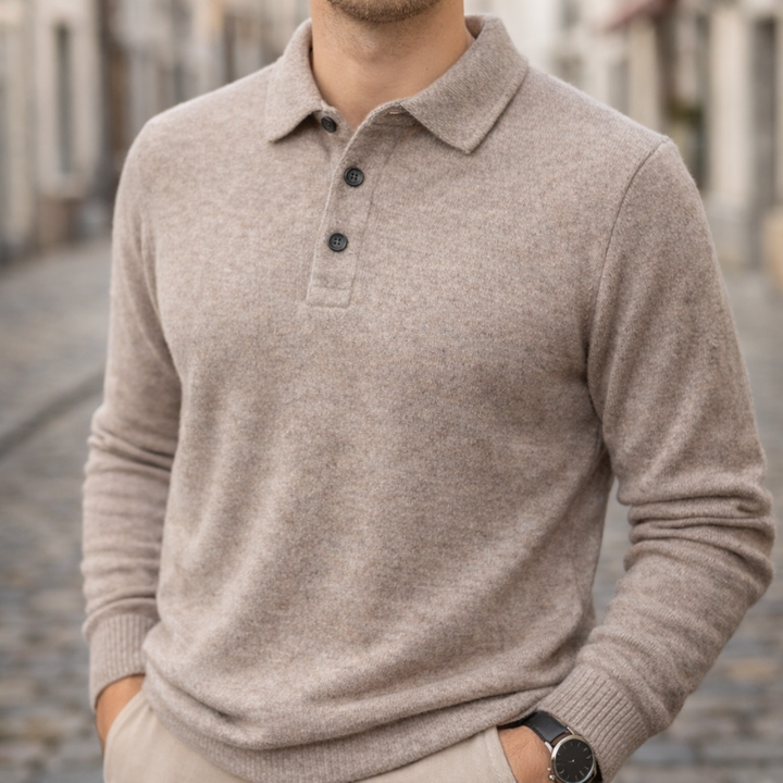 Camisa Polo de Cachemira de Manga Larga Tejida para Hombre Color Beige con Cuello