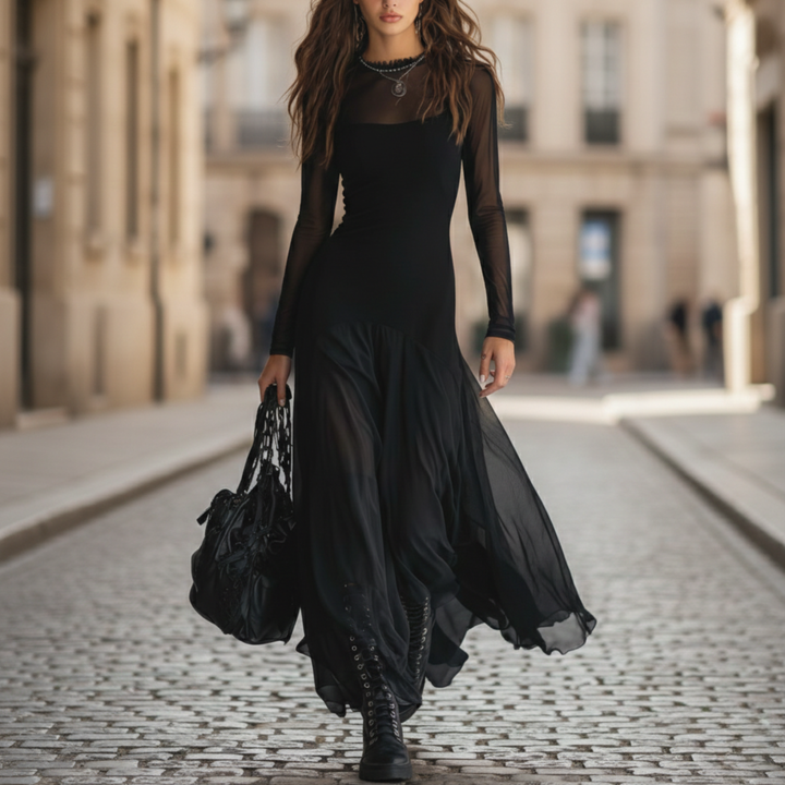 Vestido Maxi Ajuste Suelto Tul Manga Larga Mujeres