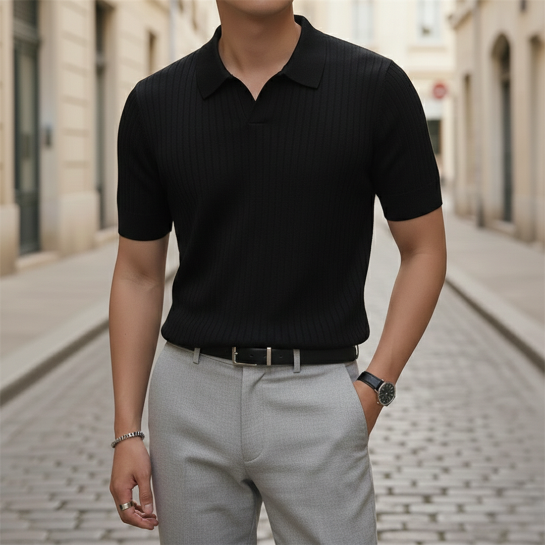 Camisa Polo de Punto de Manga Corta Acanalada Ajustada para Hombre Casual