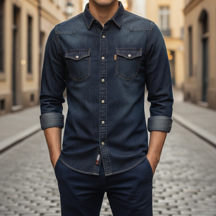 Chemise en jean à manches longues avec boutons devant pour homme