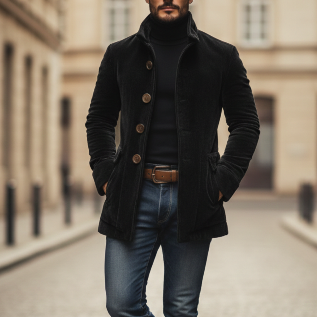 Abrigo de pana con cuello de pie y botones para hombres