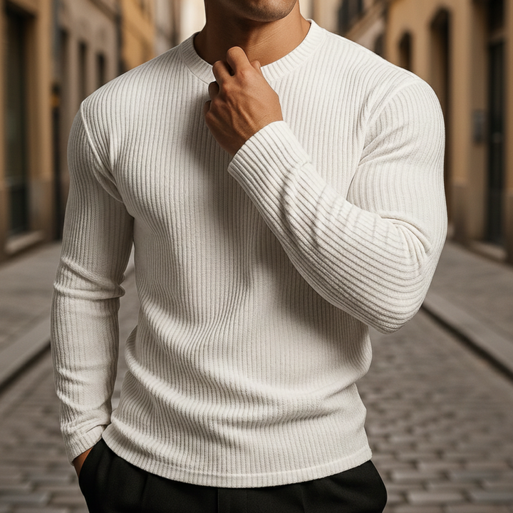 Suéter de punto acanalado de manga larga con cuello redondo para hombres