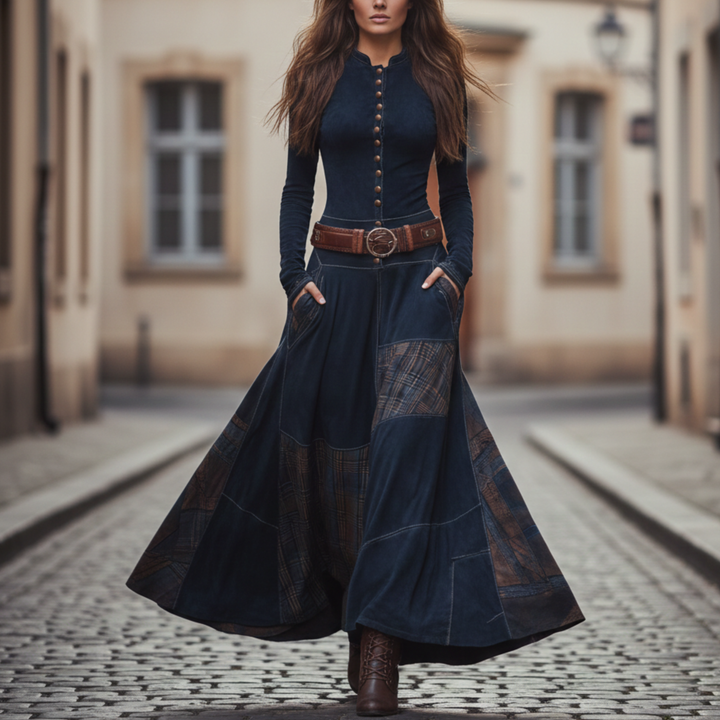 Vestido Maxi de Ante a Cuadros de Manga Larga para Mujeres