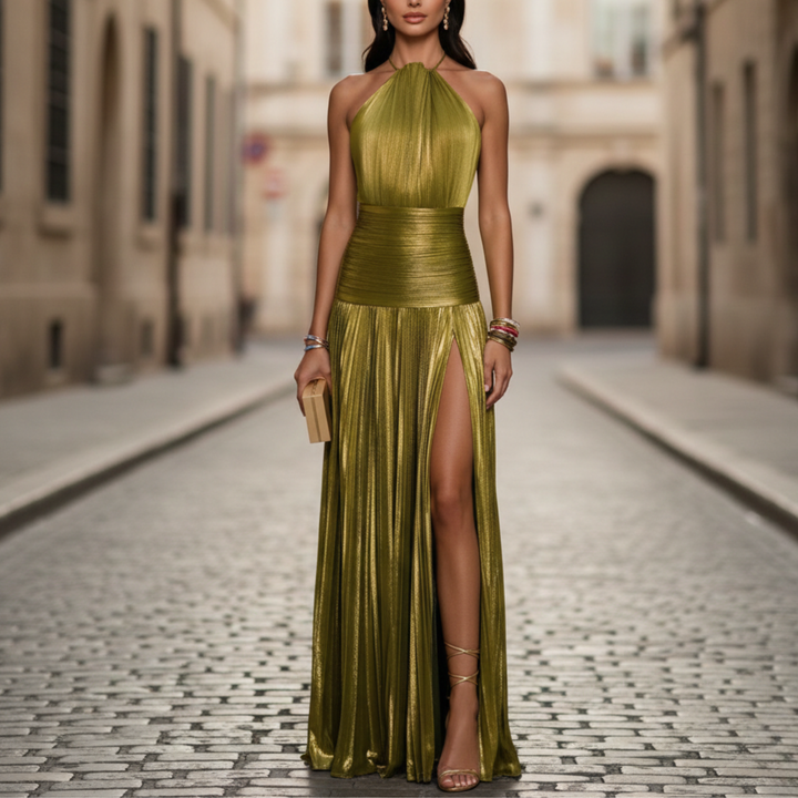 Robe maxi plissée métallique à bretelles pour femme