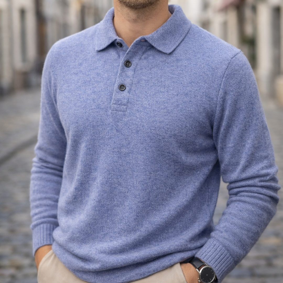 Camisa Polo de Cachemira de Manga Larga Tejida para Hombre Color Beige con Cuello