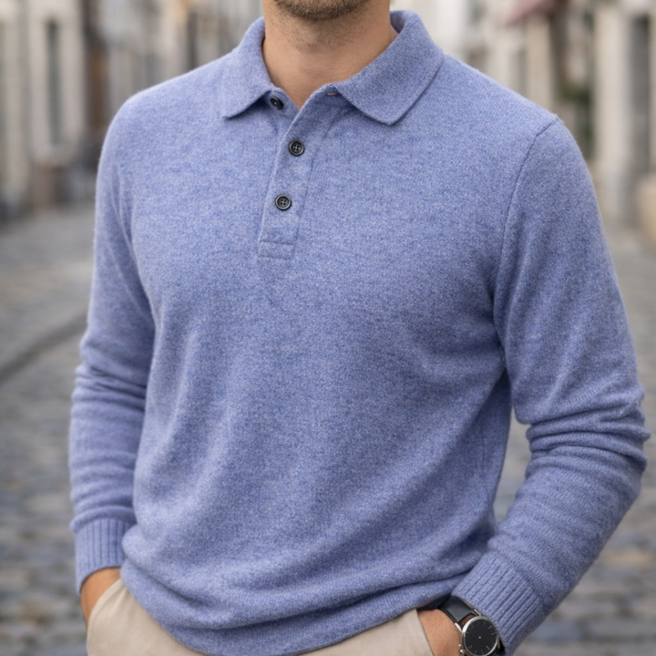 Camisa Polo de Cachemira de Manga Larga Tejida para Hombre Color Beige con Cuello