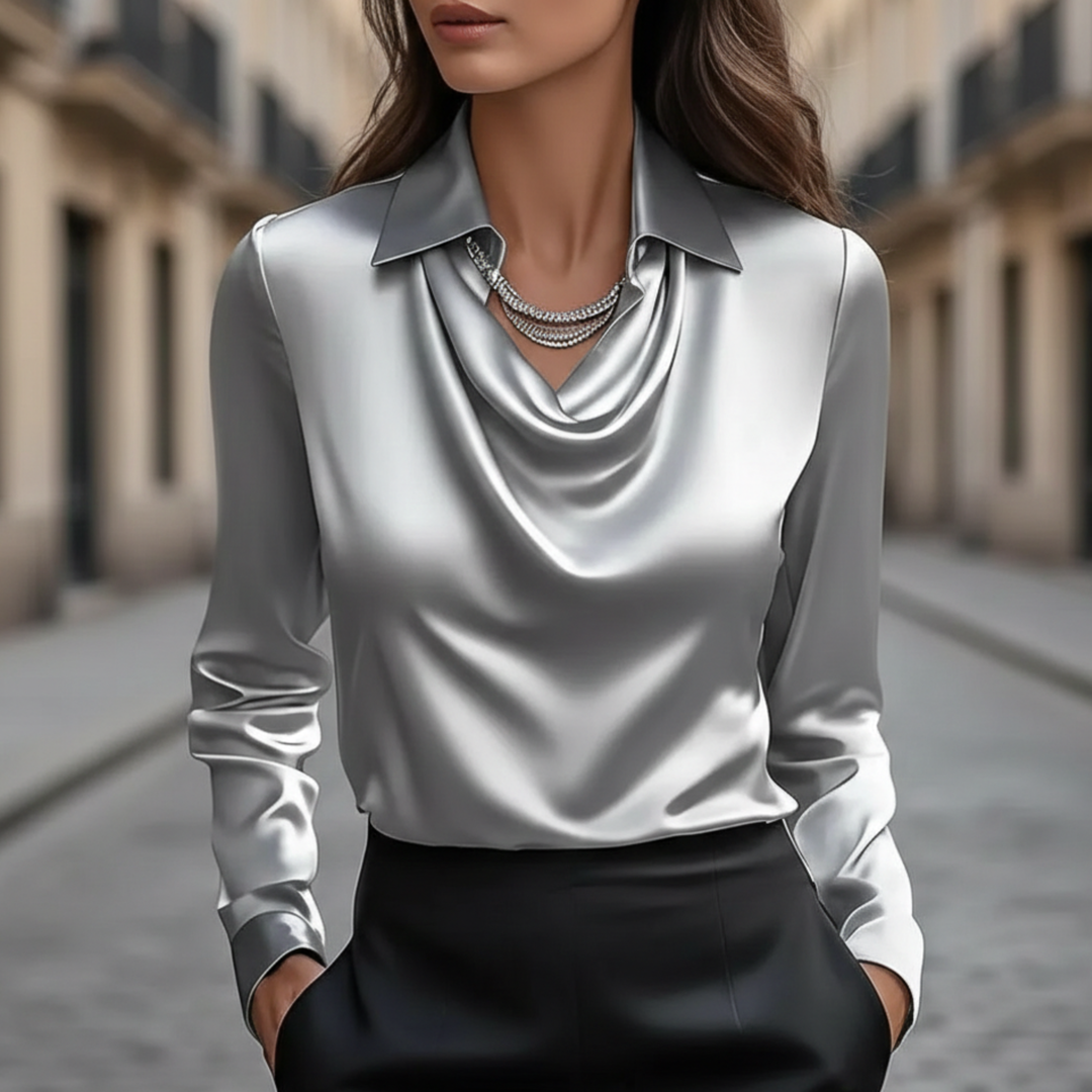 blusa de mujer con cuello drapeado y mangas largas