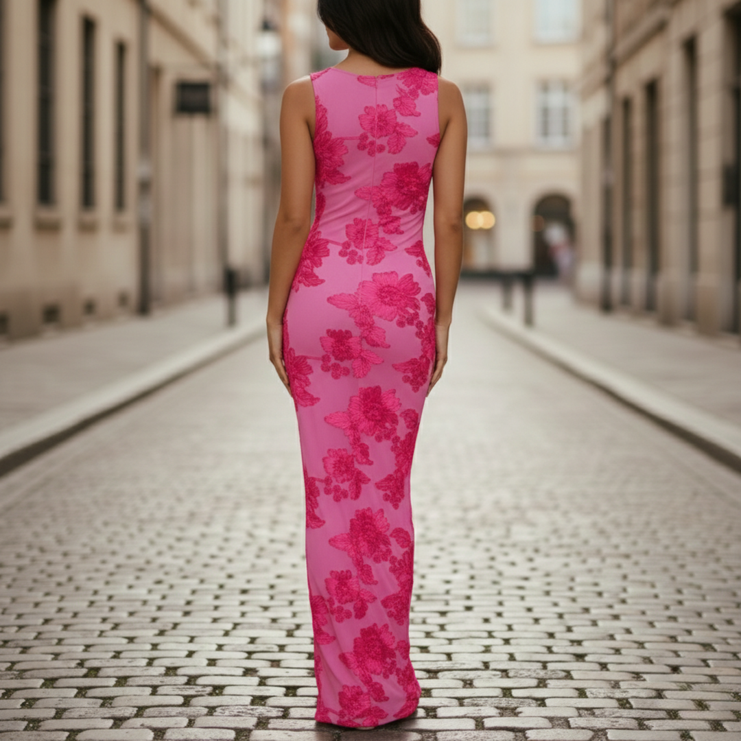 Robe de soirée longue sans manches à fleurs rose pour femme