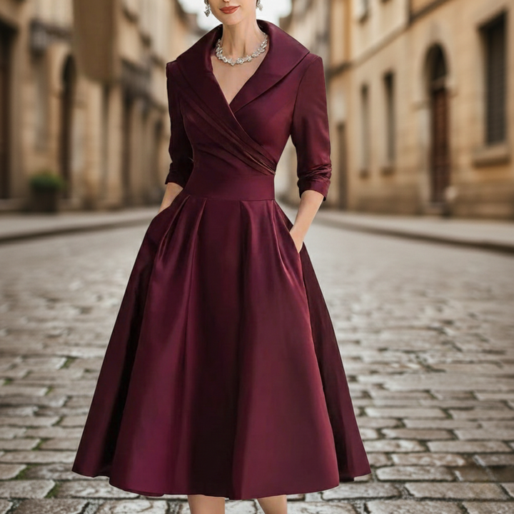 Robe mi-longue en satin pour femme, portefeuille, manches trois-quarts, coupe évasée avec poche