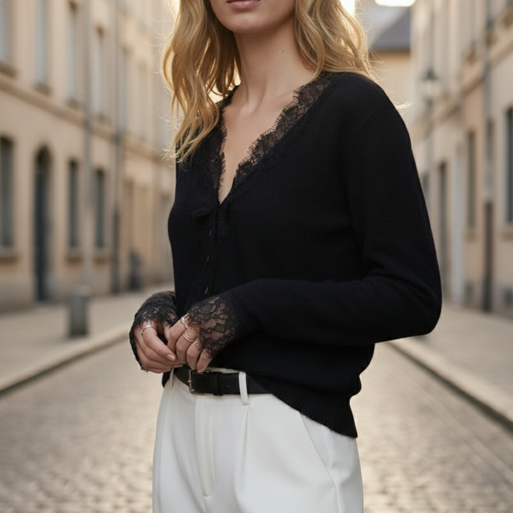 Cardigan à col en V avec bordure en dentelle et manches longues pour femme