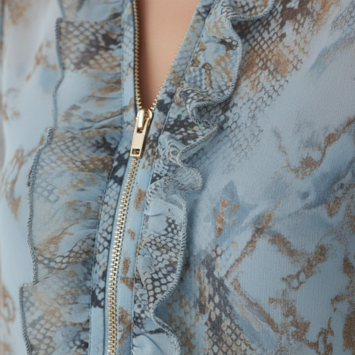 Blusa de gasa con cremallera y volantes, estampado azul, para mujer