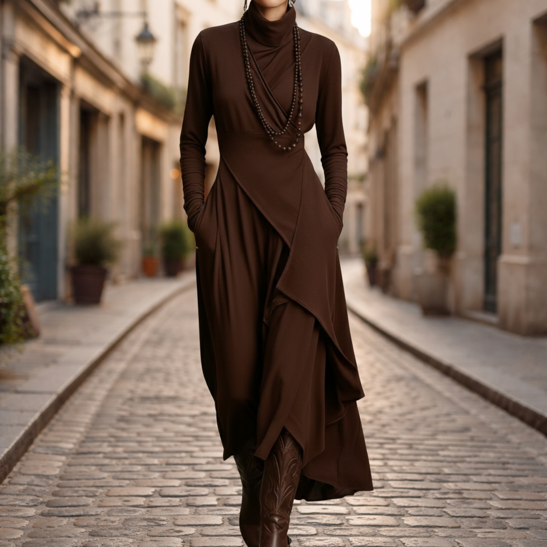 Robe longue asymétrique plissée col montant femme