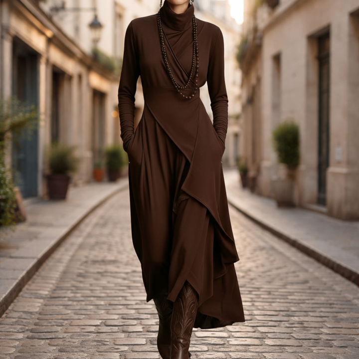 Robe longue asymétrique plissée col montant femme
