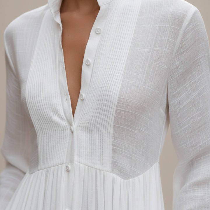 Vestido Maxi de Algodón y Lino con Parches de Cuello Alto y Manga Larga para Mujeres