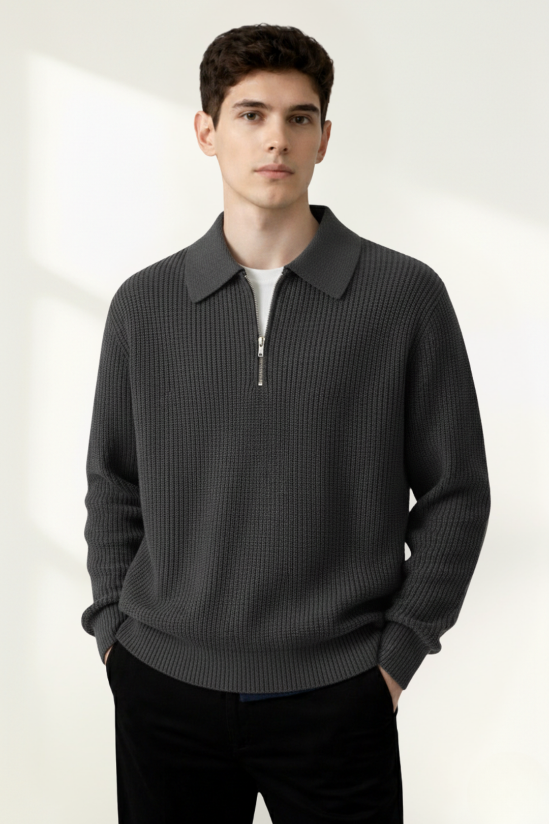 Pull polo à demi-fermeture éclair pour homme en tricot