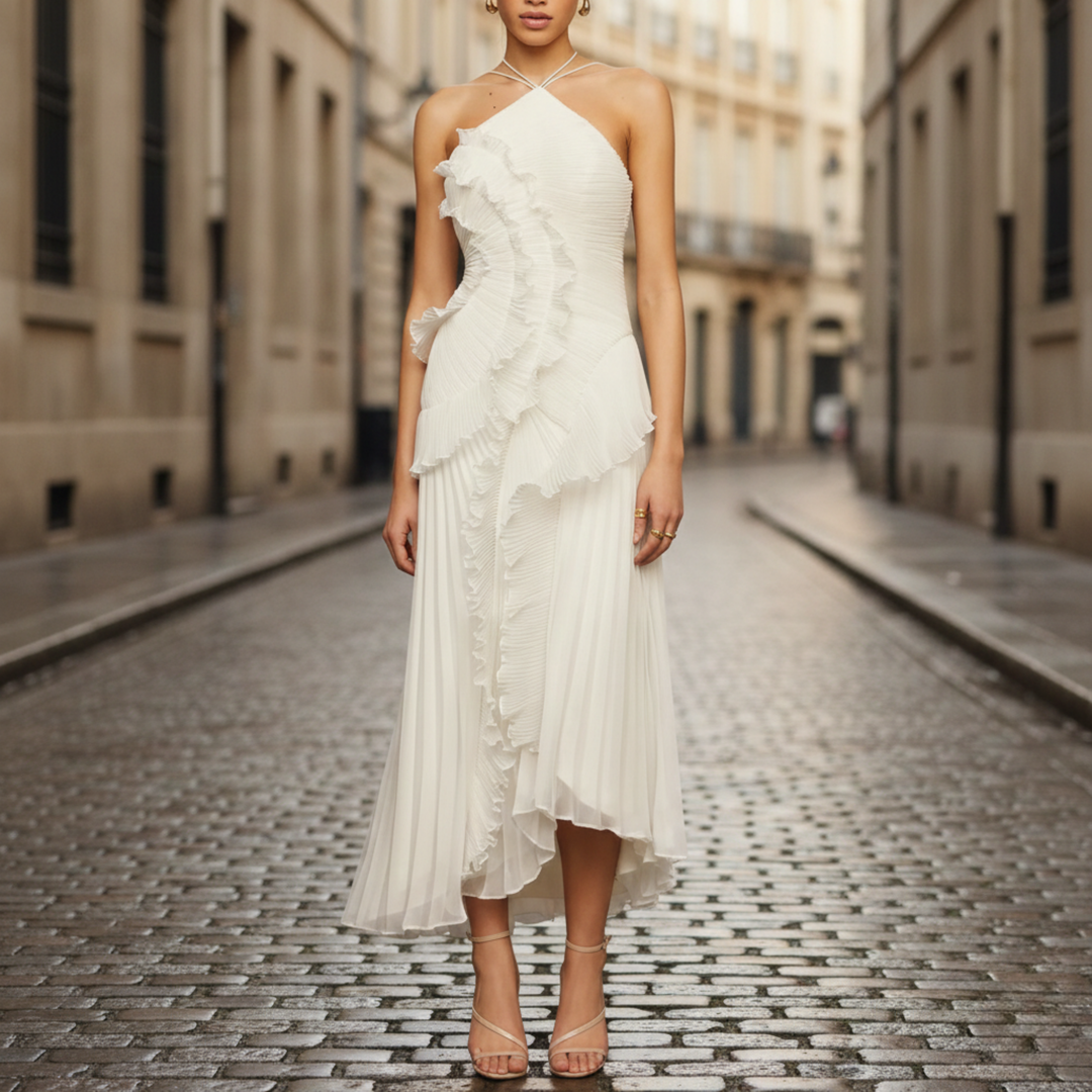 Robe longue pour femme à col licou avec volants plissés