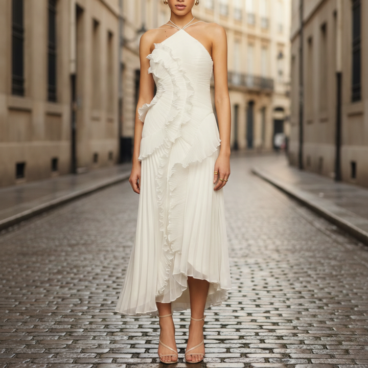 Robe longue pour femme à col licou avec volants plissés