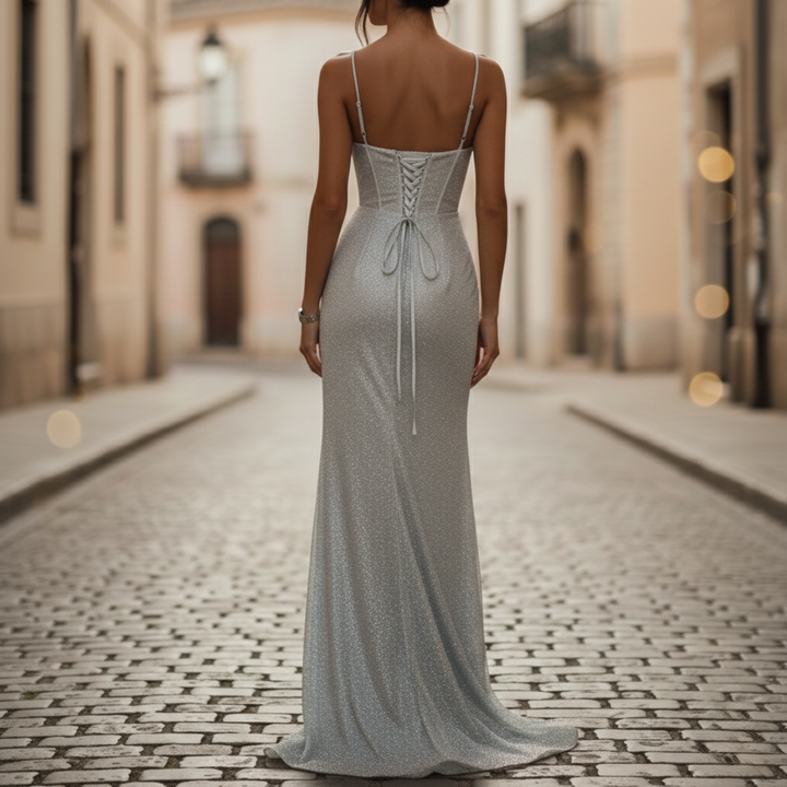 Robe de soirée longue à fines bretelles pour femme