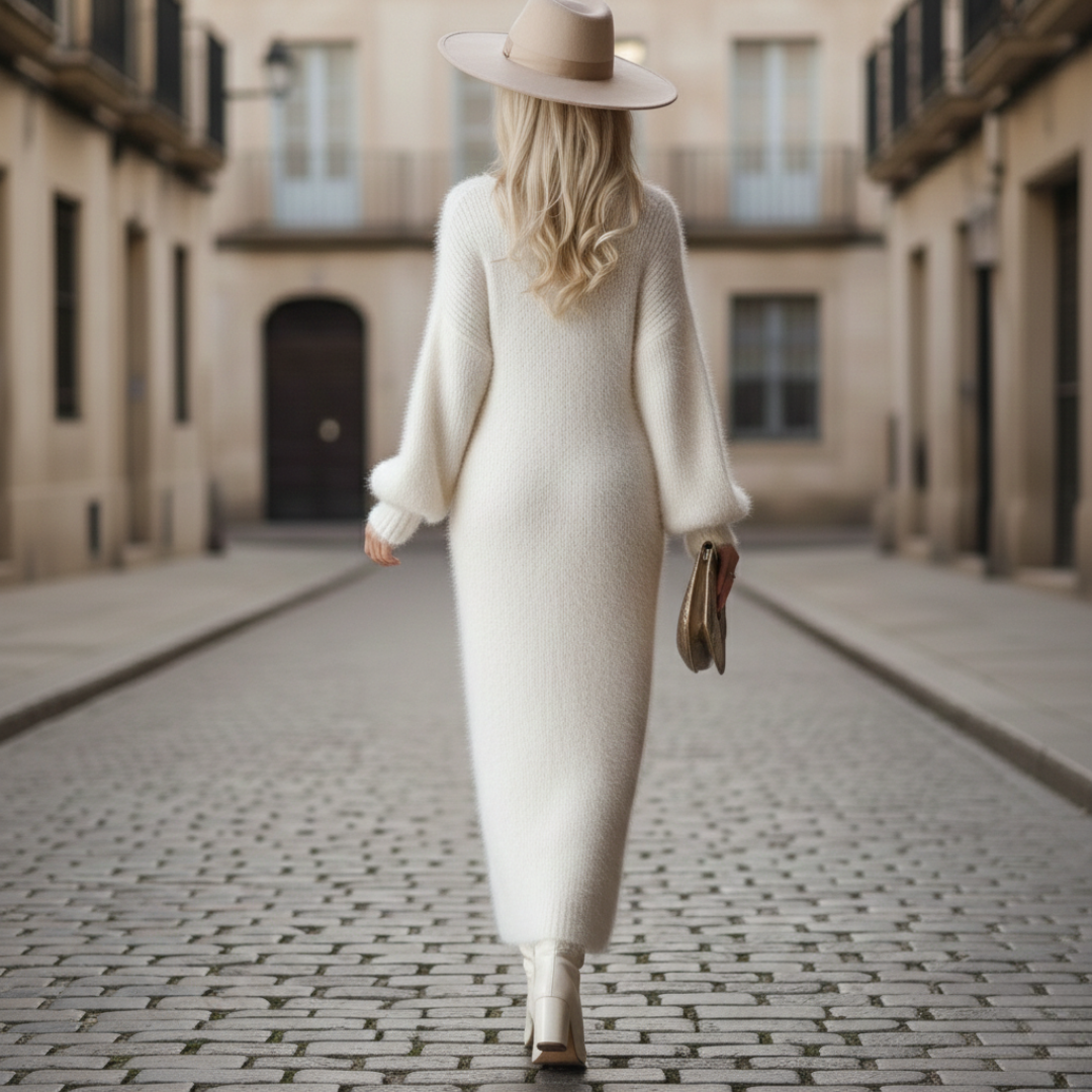 Robe mi-longue en maille effet fausse fourrure fente latérale col en V femme