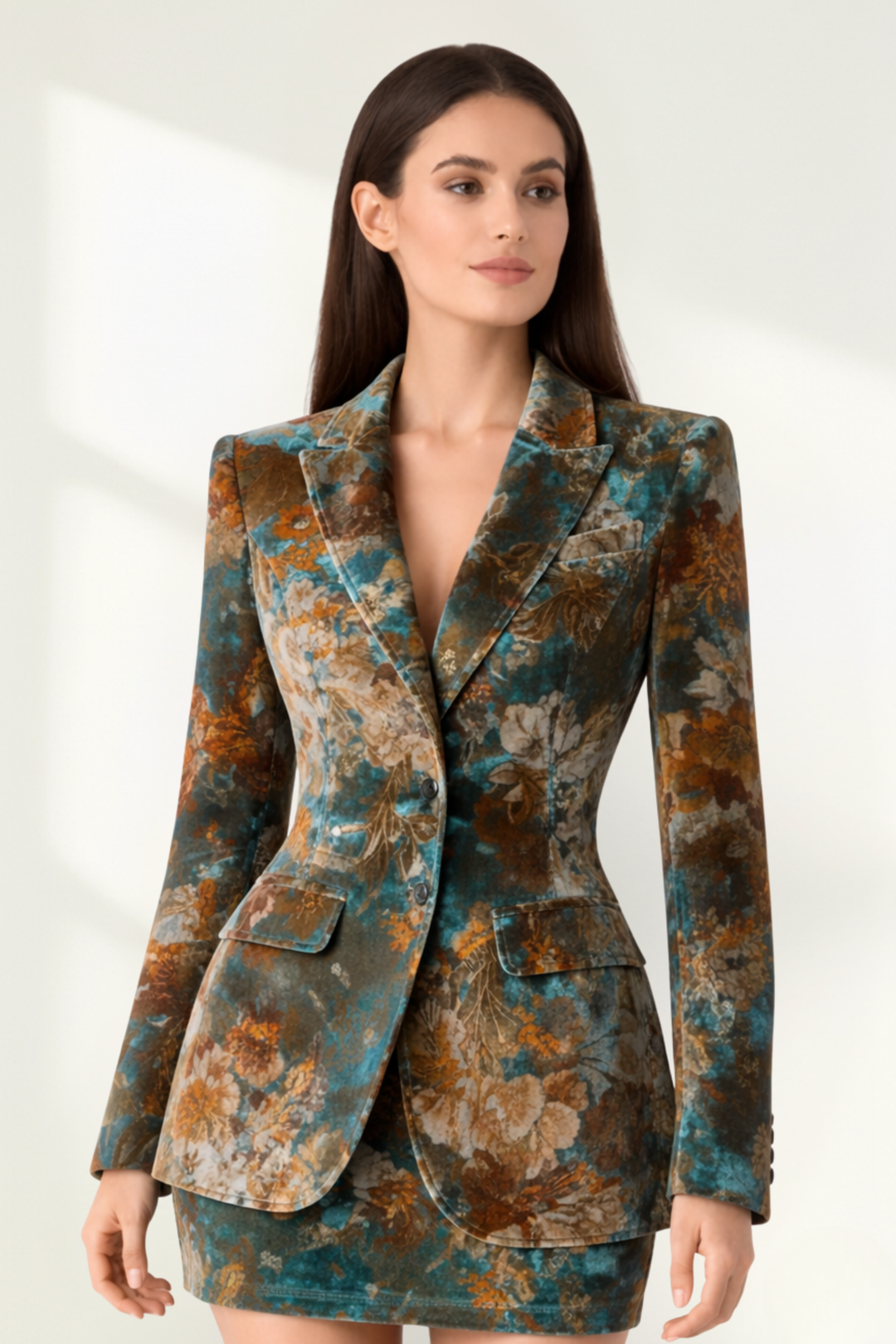 Veste pour femme en velours à fleurs avec boutons sur le devant