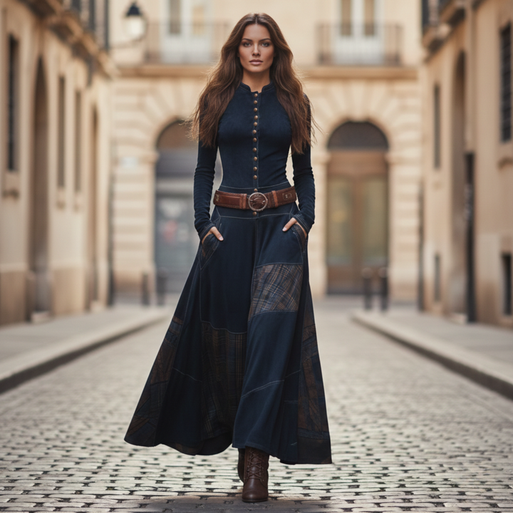 Maxi Dress Suede Plaid Long Sleeve Vintage Women