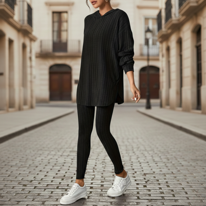 Conjunto de Lounge de Punto Acanalado para Mujeres con Túnica de Manga Larga y Leggings