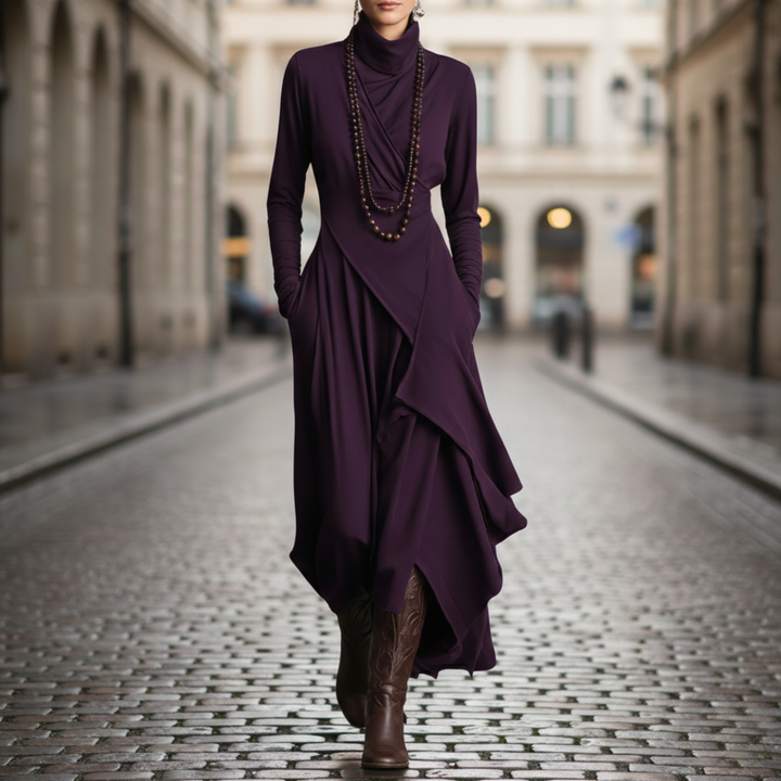 Robe longue plissée asymétrique à col montant et manches longues pour femme