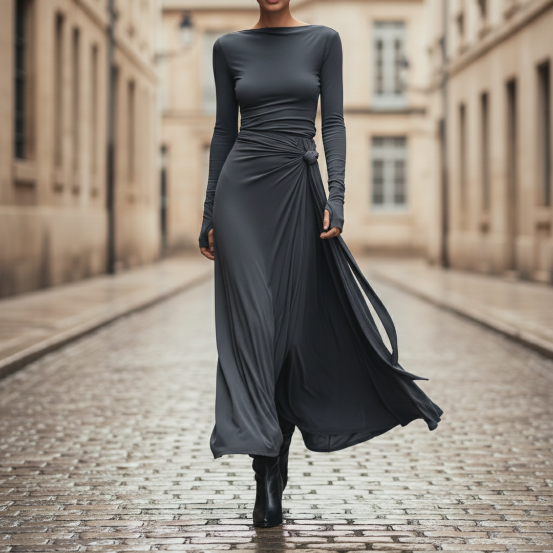 Vestido Maxi Lazo Lateral de Manga Larga hasta el Suelo para Mujeres