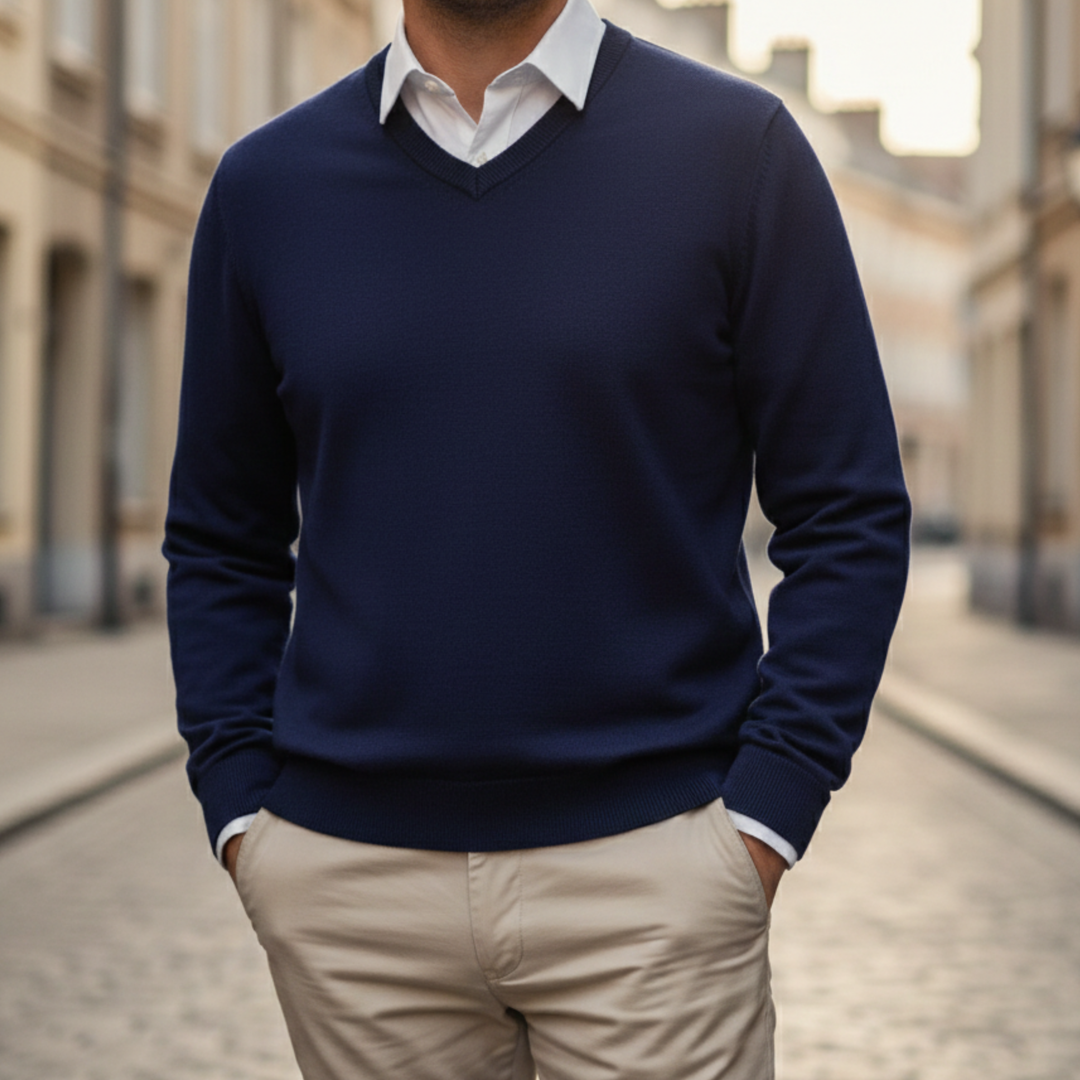 Suéter de Cuello en V de Manga Larga de Punto para Hombre