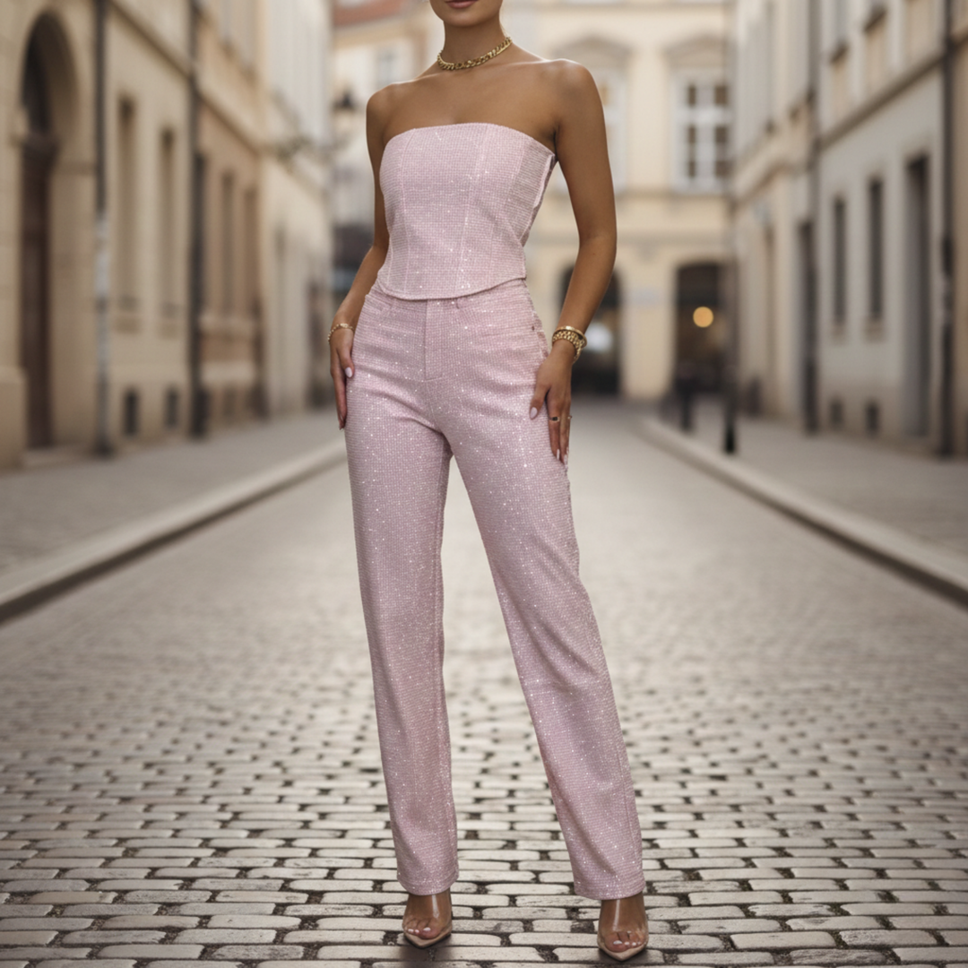 Mono de mujer sin tirantes de pierna ancha con brillo