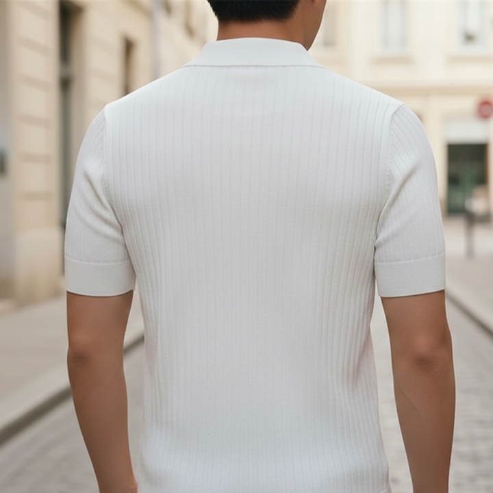 Camisa Polo de Punto de Manga Corta Acanalada Ajustada para Hombre Casual