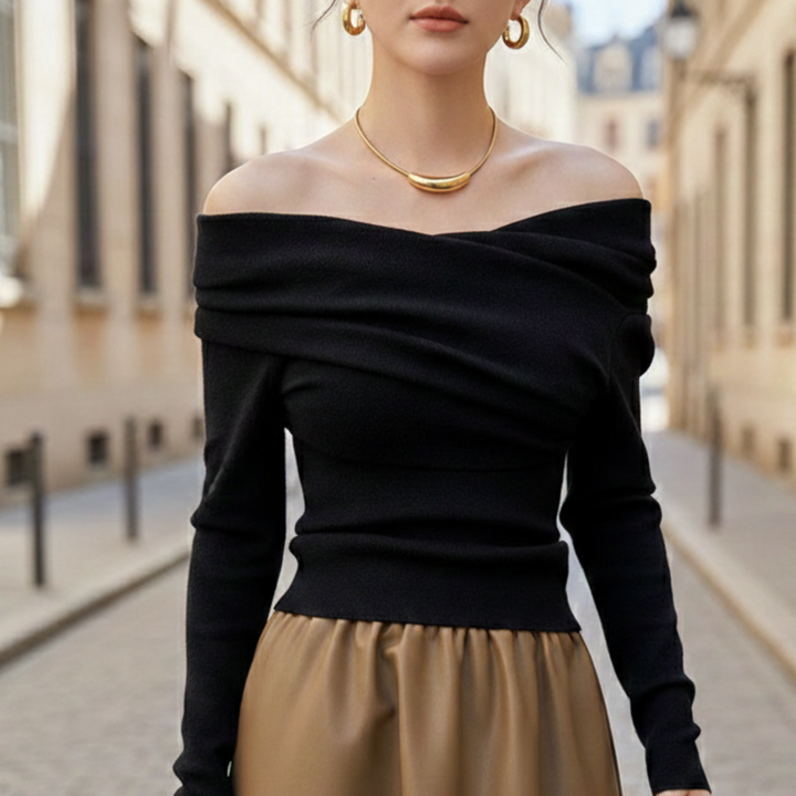 Blusa de punto de hombros descubiertos de manga larga para mujeres