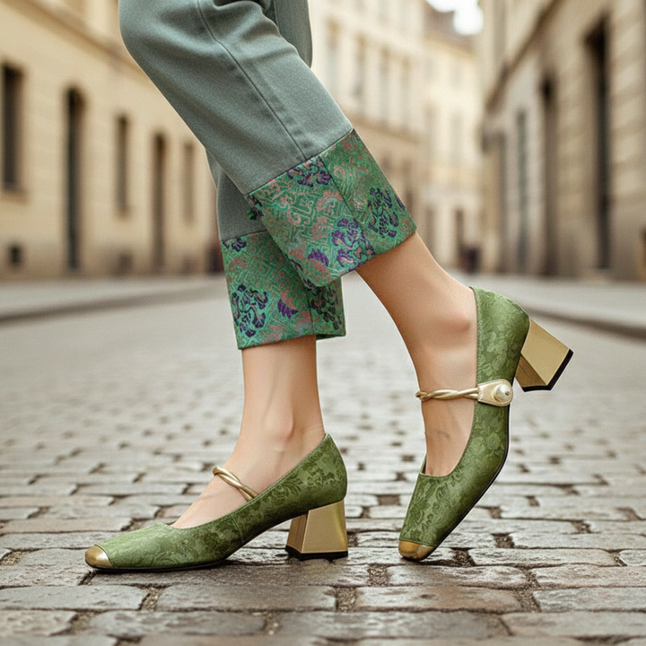 Tacones de Punta Cuadrada con Diseño Floral, Tacón de Bloque, Correa para Mujeres