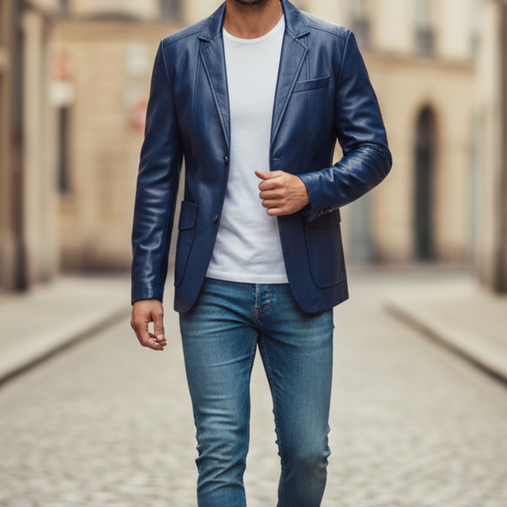 Chaqueta Blazer de Cuero de Un Solo Botón para Hombre