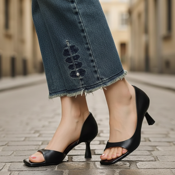 Talons en cuir, bout carré, talon moyen pour femmes