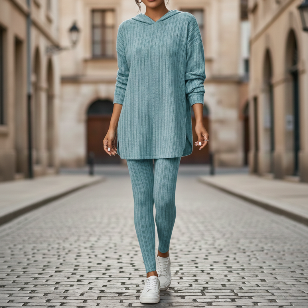 Conjunto de Lounge de Punto Acanalado para Mujeres con Túnica de Manga Larga y Leggings