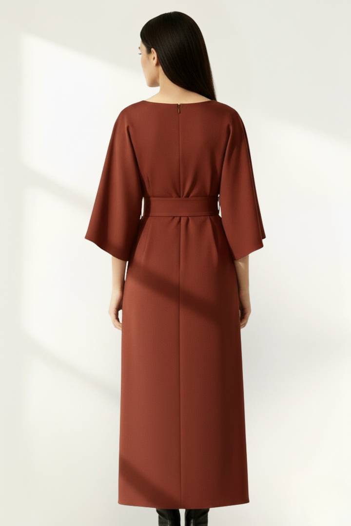 Robe midi ceinturée à manches longues pour femme