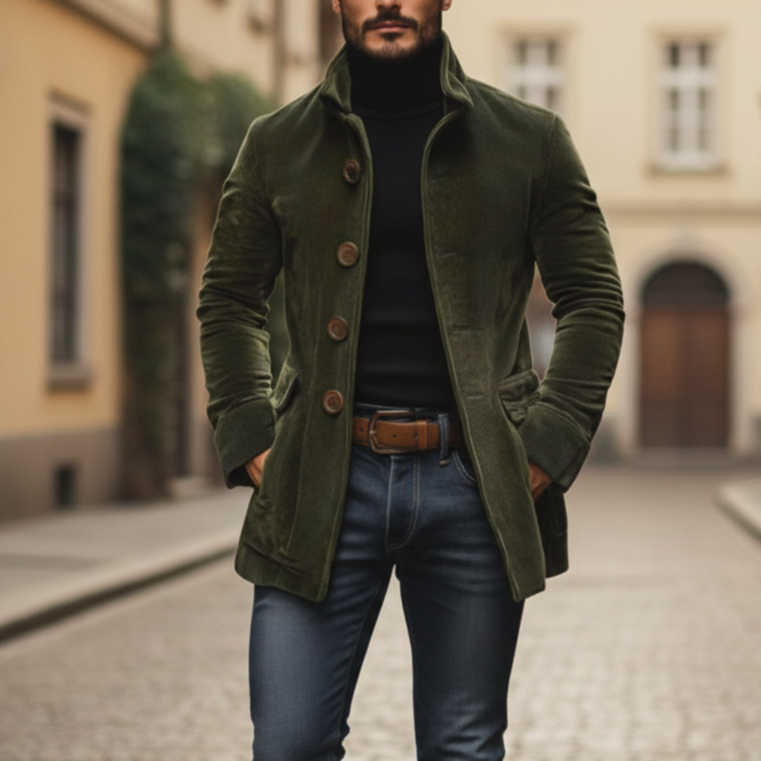 Abrigo de pana con cuello de pie y botones para hombres