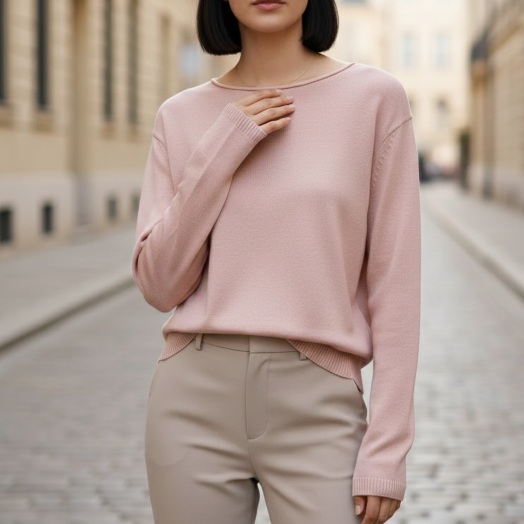 Suéter de punto ligero de cuello redondo de manga larga para mujer