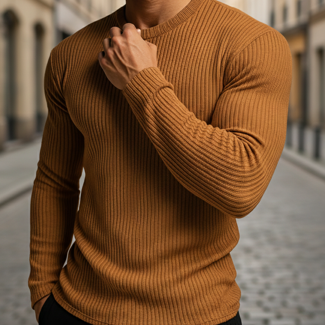 Suéter de punto acanalado de manga larga con cuello redondo para hombres
