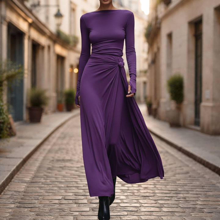 Vestido Maxi con Nudo Lateral de Manga Larga para Mujeres