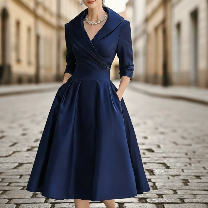 Robe mi-longue en satin pour femme, portefeuille, manches trois-quarts, coupe évasée avec poche