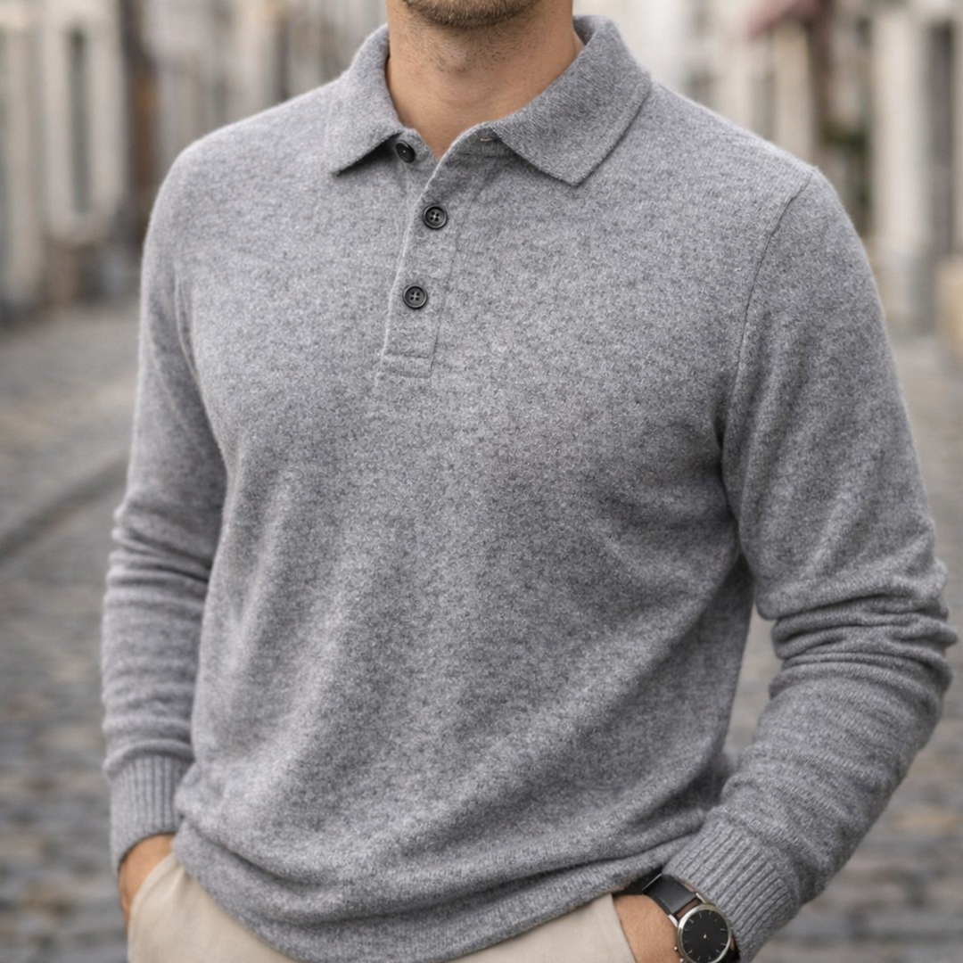 Camisa Polo de Cachemira de Manga Larga Tejida para Hombre Color Beige con Cuello