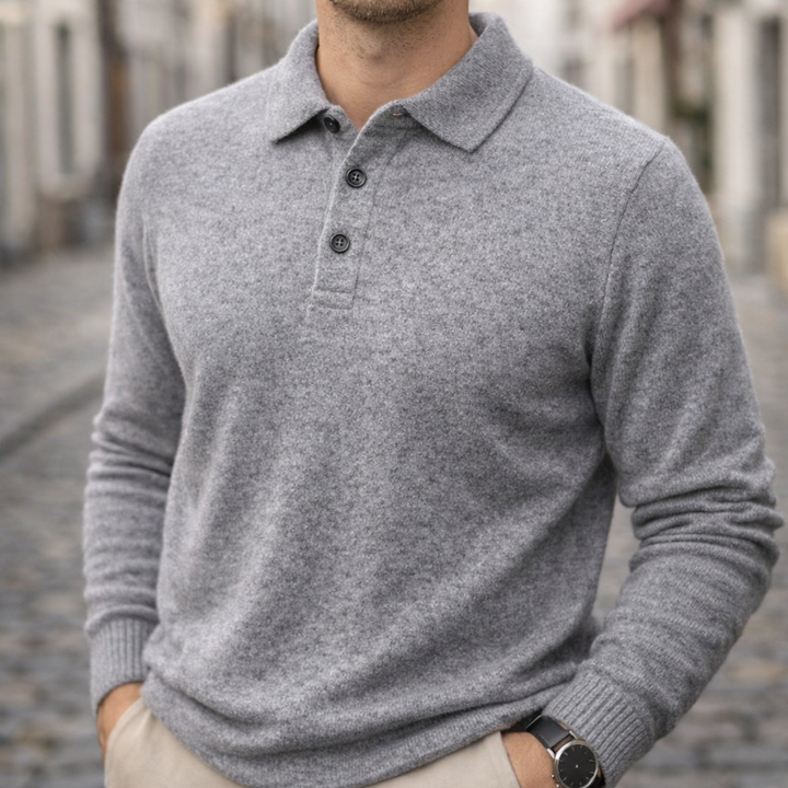 Camisa Polo de Cachemira de Manga Larga Tejida para Hombre Color Beige con Cuello