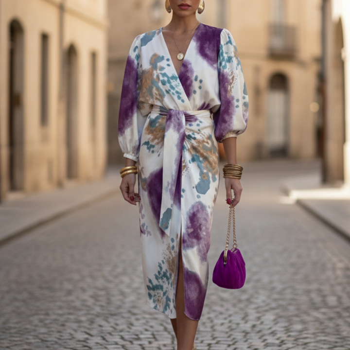 Vestido Midi de Cuello en V de Manga Larga Impreso para Mujeres